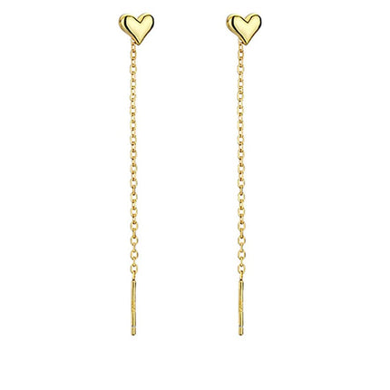 Reffeer Solid 925 Sterling Silver Tiny Cute Heart Dangle Earrings Chain for Women Teen Girls Dangle Earrings Threader Tassel (B-Gold)