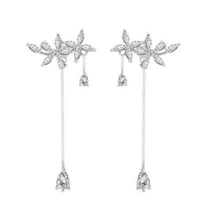 SLUYNZ 925 Sterling Silver Dainty CZ Flowers Wrap Earrings Dangle Chain for Women Elegant Bridal Wedding Earrings Engagement Drop (A-Silver)