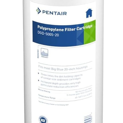 Pentair Pentek DGD-5005-20 Big Blue Water Filter, 20-Inch Whole House Sediment Filter Cartridge Replacement, Dual-Gradient Density Spun Polypropylene, 20" x 4.5", 5 Micron, Pack of 1, White