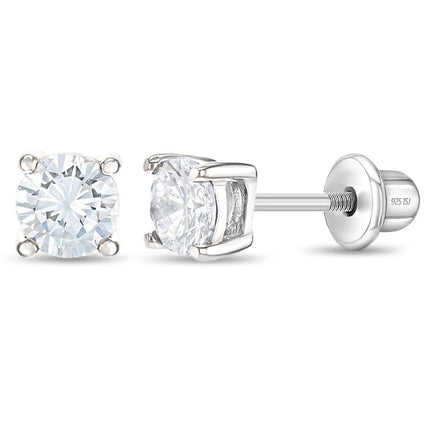 In Season Jewelry CZ Solitaire Kids Earrings – 925 Sterling Silver - Clear