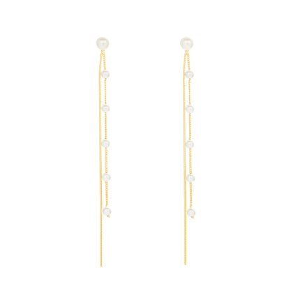 SLUYNZ Solid 925 Sterling Silver Simulated Shell Pearl Dangle Earrings Chain for Women Teen Girls Elegant Long Dangle Earrings Tassel Wedding Earrings Bridal (B-Gold Plated)