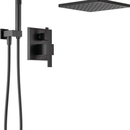 Delta Modern 14 Series Square Rain Shower System Faucet Set, Rainfall Matte Black Shower Head and Handle Set, Valve Trim Kit, 10 Inch, Matte Black 342701-BL