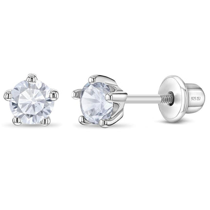In Season Jewelry Solitaire Simulated Birthstone Kids Earrings - 925 Sterling Silver Hypoallergenic Earrings for Girls with Secure Screw Backs - Safe & Comfortable for Kids & Little Girls, Clear