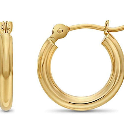 14k Yellow Gold Classic Shiny Polished Round Hoop Earrings, 2mm Tube 13mm