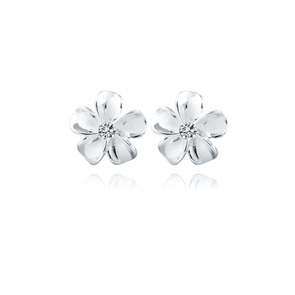 Reffeer Solid 925 Sterling Silver Plumeria Flower Stud Earrings for Women Teen Girls Crystal Flower Stud Earrings (A-Silver)