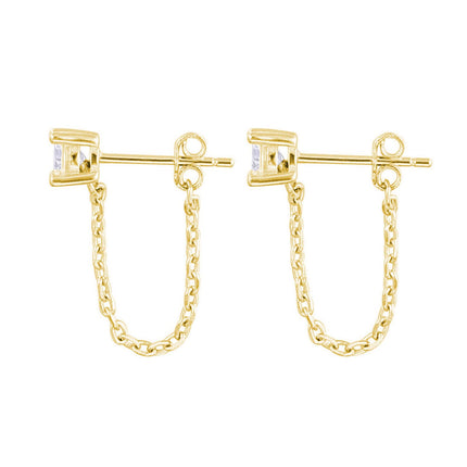 Reffeer 925 Sterling Silver CZ Chain Studs Earrings Dangle for Women Teen Girls CZ Chain Drop Earrings Studs (B-Gold)