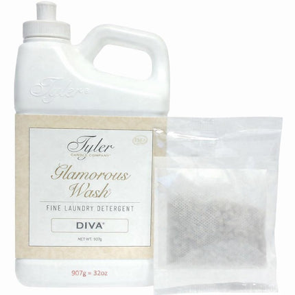 TYLER CANDLE COMPANY Glam Wash Diva 32 Fl Oz Laundry Detergent/with Dryer Sachet Single Pouch, Pull and Pour Spill Proof Cap c