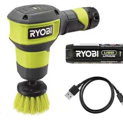 RYOBI USB Lithium Compact Scrubber Kit with 2.0 Ah Battery, USB Charging Cord, and 2 in. Medium Bristle Brush, Green