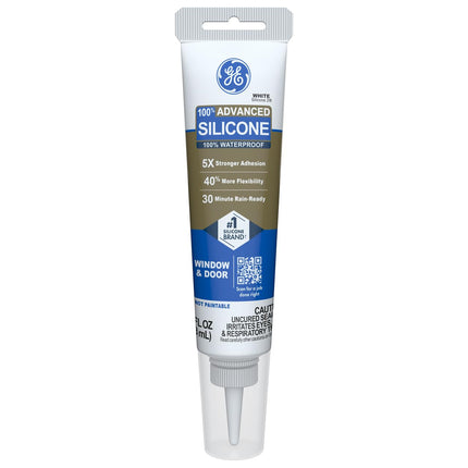 GE Advanced Silicone Caulk for Window & Door, White, 2.8 fl oz Tube, 12 Pack - 100% Waterproof Silicone Sealant, 5X Stronger Adhesion, Freeze & Sun Proof