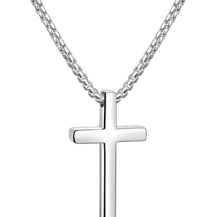 Fiusem Silver Cross Necklace for Men, Small Stainless Steel Pendant 26 Inch