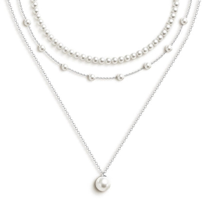 Zeffy Layered Silver Pearl Necklaces for Women Silver Plated Dainty Layered Tiny Single Pearl Choker Trendy Cute Silver Necklace Stack Wedding Jewelry Sets for Women Bridesmaid Gifts