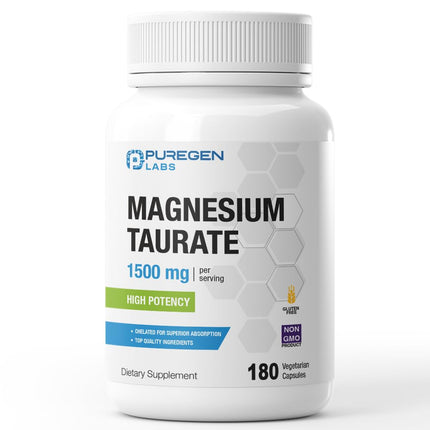 Puregen Labs Magnesium Taurate 1500mg per Serving [High Elemental Magnesium Potency] 180 Veggie Caps, Chelated for Superior Absorption, Non-GMO, NO Gluten and Dairy