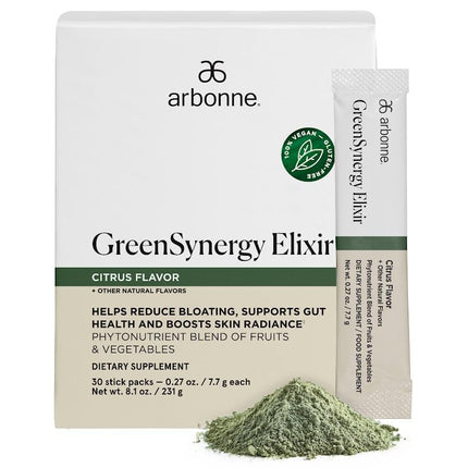 Arbonne GreenSynergy Elixir – Citrus-Flavored Greens Powder with 13 Digestive Enzymes, Vegan Collagen Builder, Probiotics, and Prebiotics – Supports Gut Health and Digestion – 30 Stick Packs