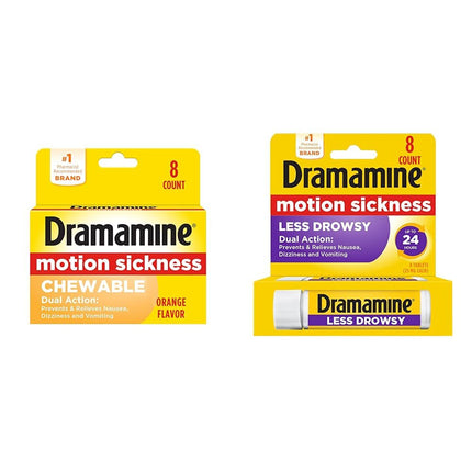 Dramamine Motion Sickness Chewable Orange Tablets, 8 Count & Less Drowsy Formula Tablets, 8 Count Bundle