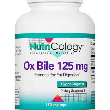 Nutricology Ox Bile 125 mg - Supports Fat Digestion - Delivers 125 mg Concentrated Bile Salts per Serving - Hypoallergenic & Vegetarian - 180 Servings - 180 Capsules