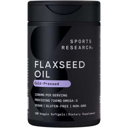 Sports Research® Vegan Flaxseed Oil (1200mg) Herbal Supplement with Plant-Based ALA Omega 3 - Vegan Certified & Non-GMO Verified - Gluten, Soy & Carrageenan Free (180 Veggie Softgels)