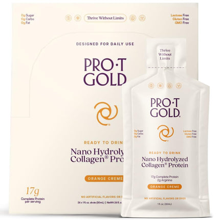 ProT Gold Liquid Collagen Protein Shot, Support for Hair, Nails and Skin, 17g, Nano Hydrolyzed & Grass Fed, with Amino Acids, Gluten Free, Sugar Free, Orange Creme, 1 FL OZ, 24 Pack