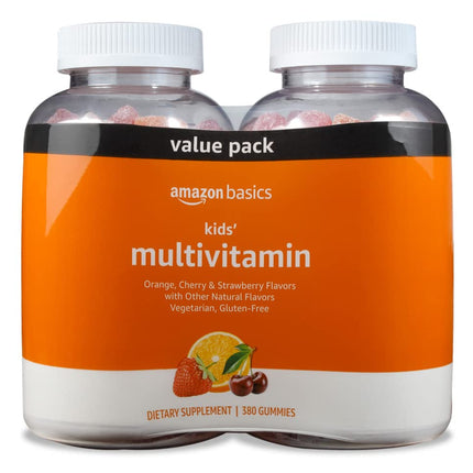 Amazon Basics Kids' Multivitamin Gummies, Cherry, Strawberry & Orange Flavors, 380 Count, 2 Packs of 190 (Previously Solimo)