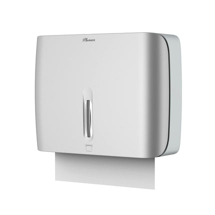 PLUSSEN Paper Towel Dispenser Wall Mount Commercial & Home Use ABS Matte Silver Gray with Window Holds 200 C/Z/Multi-Fold Towels Includes Hardware & Key Bathroom Paper Towel Holder