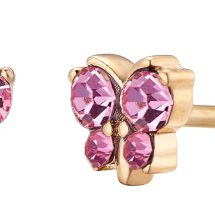 Reggetta Jewelry - Hypoallergenic 18k Gold Plated Butterfly Stud Earrings for Girls, Stainless Steel, with Safety Backs, Pink