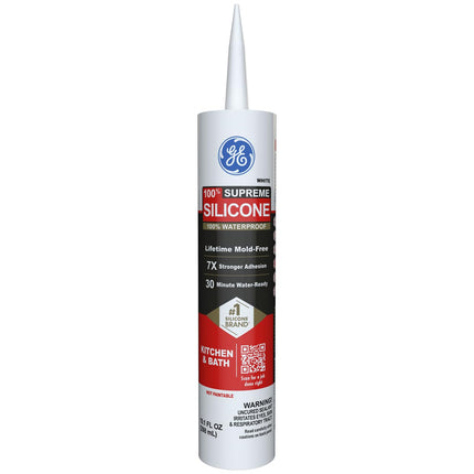 GE Supreme Silicone Caulk for Kitchen & Bathroom, White, 10 fl oz Cartridge, 1 Pack - 100% Waterproof Silicone Sealant, 7X Stronger Adhesion, Shrink & Crack Proof