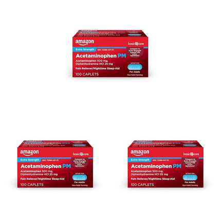 Amazon Basic Care Acetaminophen PM, Pain Reliever Plus Nighttime Sleep Aid, Blue, 100 Count (Pack of 3)
