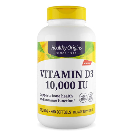 Healthy Origins Vitamin D3 10,000 IU (250 mcg), 360 Liquid Softgels - High Potency Sunshine Vitamin Supplement - Supports Strong Bones, Healthy Teeth & Immune System Function