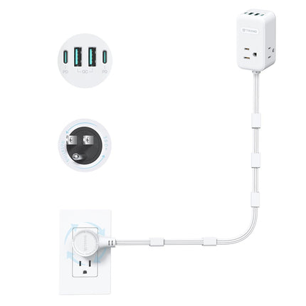 TROND Electrical Outlet Extender 360° Rotating Plug with 20W USB C, 36in Short Extension Cord, Wall Plug Adapter with 3 AC Outlets, Access Hard-to-Reach Outlets Use Behind Couches, Desk, White