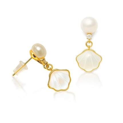 Pearl Shell Earrings for Women, 18K Gold Plated Brass Boho Drop Earrings with Freshwater Pearl & Mother of Pearl, Hypoallergenic Beach Jewelry Gifts