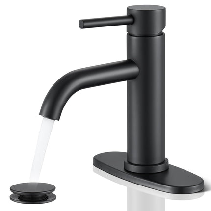 Black Bathroom Faucet, WINKEAR Single Hole Bathroom Faucet with Pop-up Drain and Flexible Hoses, Single Handle Faucet for Bathroom Sink, Vanity, RV, Modern Farmhouse, Suitable for 1 Hole or 3 Hole