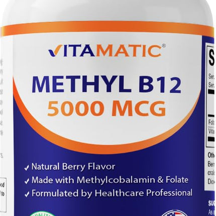 Vitamatic Methyl B12 5000 mcg with Folic Acid – Natural Berry Flavor – 240 Fast Dissolve Tablets – Methylcobalamin Vitamin B12 for Energy & Nervous System Support – Vegan & Non-GMO Supplement