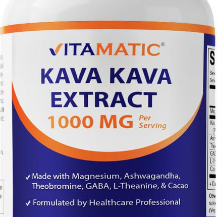 Vitamatic Kava Kava 1000mg with Magnesium, Ashwagandha, GABA, Theobromine, L-Theanine & Cacao – 120 Veg Caps – Kavalactones for Mood, Stress & Sleep Support.