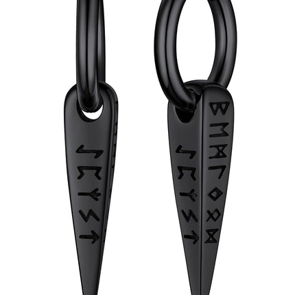 FaithHeart Viking Runes Spike Dangle Huggie Hoop Earrings for Men Black