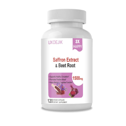 UXOEJIK Saffron Supplements with Organic Beet Root & Ashwagandha - 100mg Saffron Extract for Mood Support, Energy & Focus - Pure Saffron Capsules, Vegan, Non-GMO, 120 Count (100)