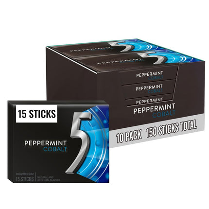 5 GUM Peppermint Cobalt Sugar Free Chewing Gum, Bulk, 15 Sticks, 10 Pack