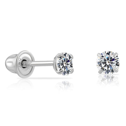 14k White Gold Solitaire Round Cubic Zirconia Stud Earrings Screw-back 3mm