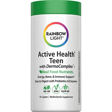 Rainbow Light Teen Multivitamin | 45 Caplets | for Boys and Girls | with DermaComplex, Real Food Nutrients & Iron | Probiotics & Enzymes | Energy, Bone & Immune Support