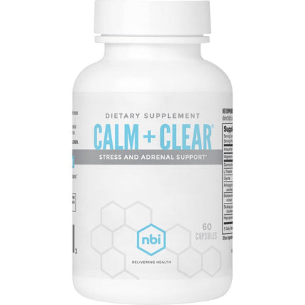NBI Calm + Clear Mood and Focus Support | Natural Stress and Adrenal Support with Magnesium, GABA, Ashwagandha, L-Theanine, Glycine, Bacopa, Skullcap, and Hops Powder | 60 Count Capsules