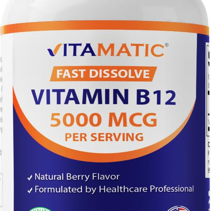 Vitamatic Vitamin B12 5000 mcg – 365 Fast Dissolve Tablets Berry Flavor – Supports Energy Production & Nervous System Health – Non-GMO, Gluten-Free