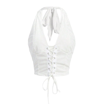 Verdusa Women's 2026 Going Out Halter Corset Top Lace Up Open Back Crop Tops Concert Cowgirl Outfits White Small