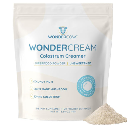 WONDERCOW Bovine Colostrum Superfood Creamer Supplement Powder w/Organic Lions Mane Mushroom & Coconut Milk Powder MCTs | Functional Sugar Free Keto Coffee, Smoothie & Drink Mix Unsweetened