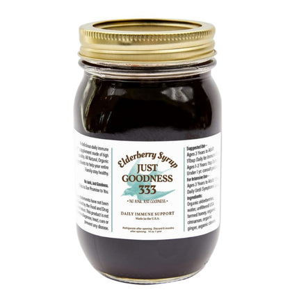Just Goodness 333 All Natural Elderberry Syrup (16 fl oz) for Adults and Kids, Daily Immune Support Herbal Supplement with Antioxidants, Organic Sambucus Elderberry