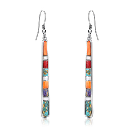 Phyonio Turquoise Earrings for Women 925 Sterling Silver Multicolor Gemstones Dangle Earrings Bohemian Style Statement Bar Earrings Dangle Earrings for Women Summer Earrings Valentines Gifts