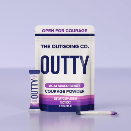 The Outgoing Co. OUTTY Courage Powder Social Energy & Mood Support Drink Mix With Taurine, L-Theanine & Oroxylin A Stress Relief, Mental Clarity & Alcohol Alternative Acai Mixed Berry (15 Stick Packs)