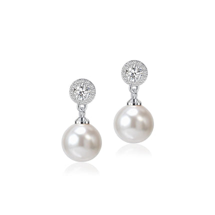 Elegant CZ Pearl Drop Earrings for Women Bridesmaid Wedding Prom (White)