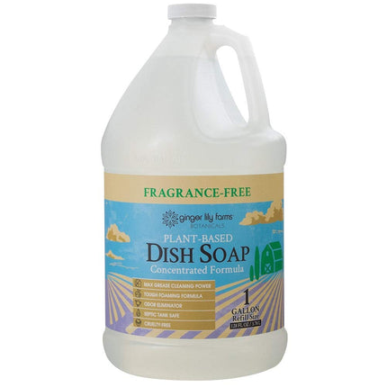 Ginger Lily Farms Botanicals Plant-Based Liquid Dish Soap, Concentrated Formula with Max Grease Cleaning Power, Cruelty-Free, Fragrance-Free, 1 Gallon Refill (128 Fl. Oz.), Clear