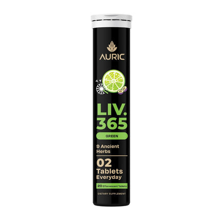 Auric Liv 365 Green Effervescent Tablets | with Milk Thistle (Silymarin), Turmeric, Licorice, & Ginger | Herbal Wellness Supplement | Plant-Based | 20 Tablets