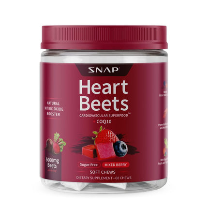 Snap Supplements Heart Beets Beet Root Soft Chews, Cardiovascular Support Supplement for Men & Women, CoQ10 & Acai, Energy & Circulation Support, Sugar Free, Mixed Berry, 60 Soft Chews