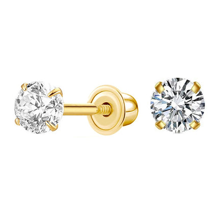 14K Gold Cubic Zirconia Stud Earrings,Secure Screw Back（Yellow Gold, 5mm）