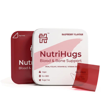 MedHugs NutriHugs Blood and Bone Support - Iron, Folate, Vitamin D3 and K2 - Fast-Dissolving Oral Thin Film Strips - Non-Constipating Iron - Vegan, Sugar-Free, Non-GMO - 30 Strips